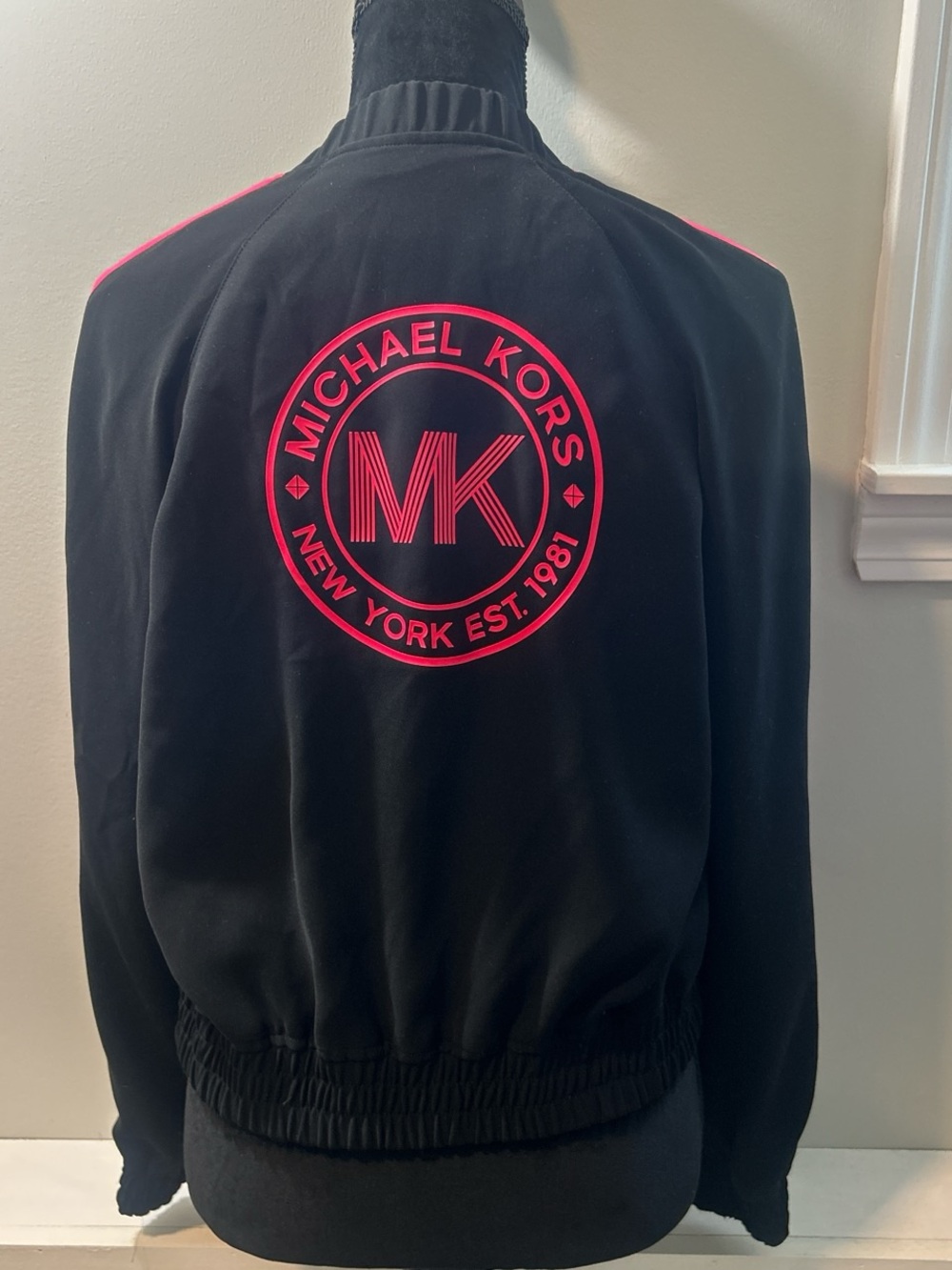 MICHAEL Michael Kors Black Bomber Jacket with hot pink logo